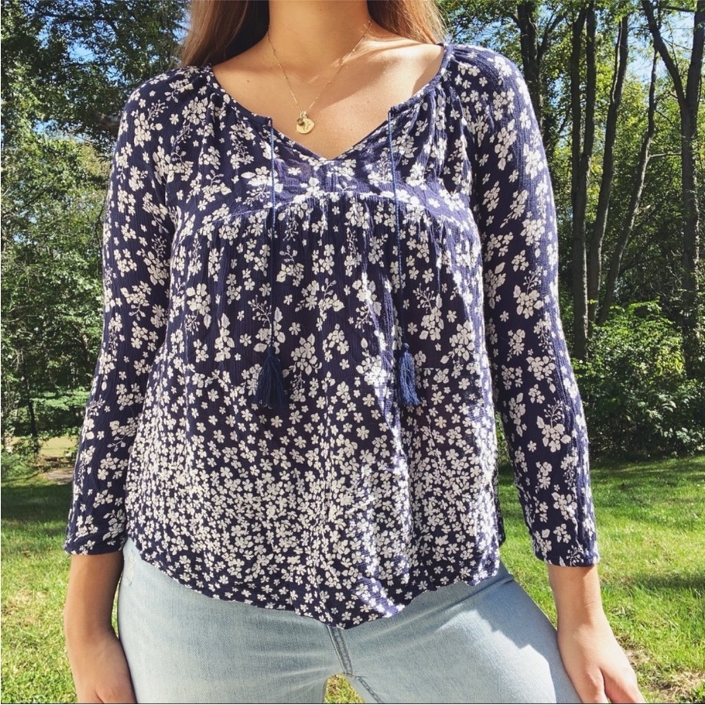 Navy & white floral blouse